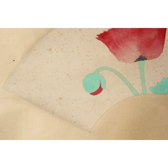 山口蓬春【罌粟】紙本扇面掛軸　Z379 