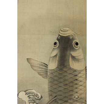 倣 狩野融川 狩野探信守道 合作【瀧鯉図】双幅掛軸　Z381 