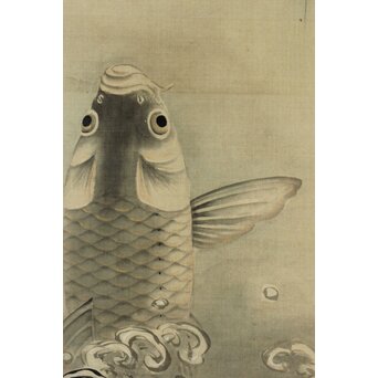 倣 狩野融川 狩野探信守道 合作【瀧鯉図】双幅掛軸　Z381 