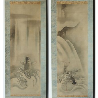 倣 狩野融川 狩野探信守道 合作【瀧鯉図】双幅掛軸　Z381