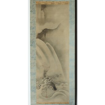 倣 狩野融川 狩野探信守道 合作【瀧鯉図】双幅掛軸　Z381 