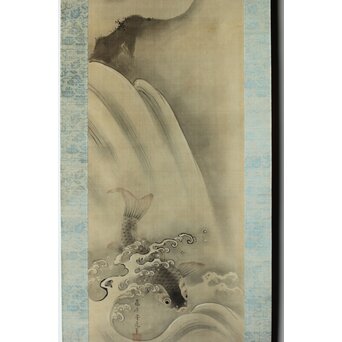 倣 狩野融川 狩野探信守道 合作【瀧鯉図】双幅掛軸　Z381 