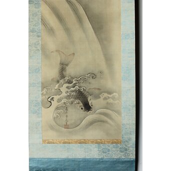 倣 狩野融川 狩野探信守道 合作【瀧鯉図】双幅掛軸　Z381 