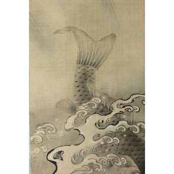 倣 狩野融川 狩野探信守道 合作【瀧鯉図】双幅掛軸　Z381 
