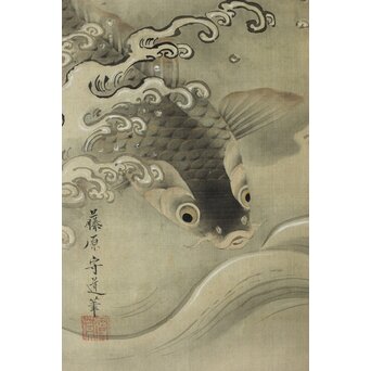 倣 狩野融川 狩野探信守道 合作【瀧鯉図】双幅掛軸　Z381 