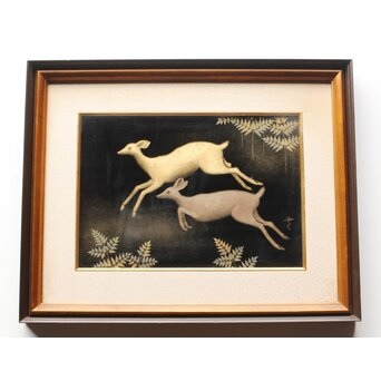 三谷吾一【鹿】沈金 漆額 額装　Q320