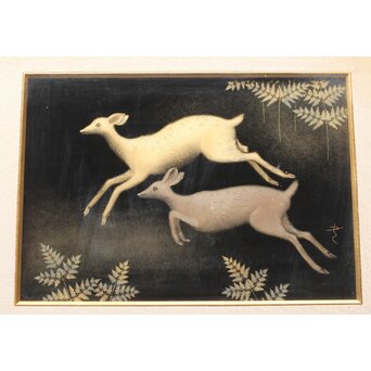 三谷吾一【鹿】沈金 漆額 額装　Q320 