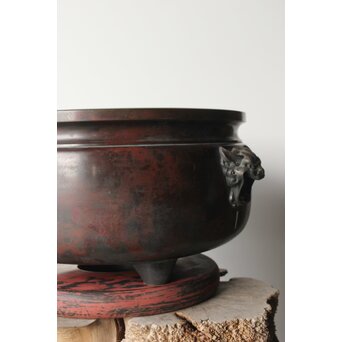 本間琢斎銘 斑柴銅 獅子耳 大瓶掛　M347 