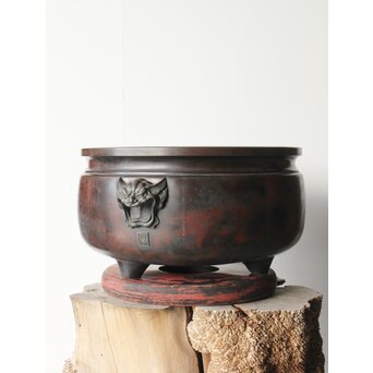 本間琢斎銘 斑柴銅 獅子耳 大瓶掛　M347 