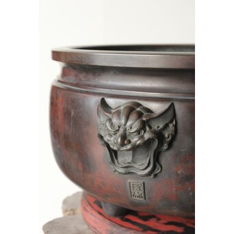 本間琢斎銘 斑柴銅 獅子耳 大瓶掛　M347 