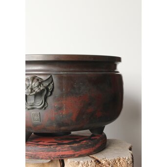 本間琢斎銘 斑柴銅 獅子耳 大瓶掛　M347 