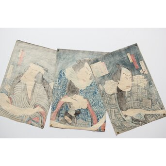 歌川国貞 役者絵木版画 三幅対　Z383 