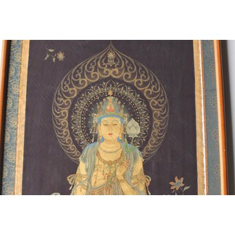 平林清輝 聖観世音立像 絹本紺地金泥 額装　Z386 