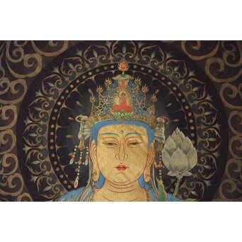 平林清輝 聖観世音立像 絹本紺地金泥 額装　Z386 