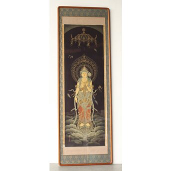 平林清輝 聖観世音立像 絹本紺地金泥 額装　Z386