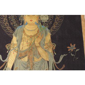 平林清輝 聖観世音立像 絹本紺地金泥 額装　Z386 