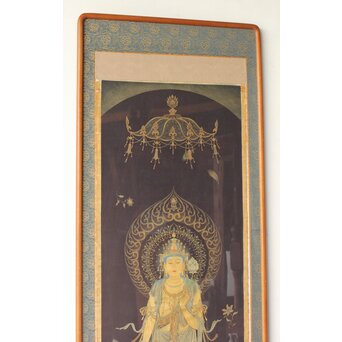 平林清輝 聖観世音立像 絹本紺地金泥 額装　Z386 