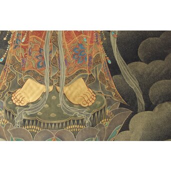 平林清輝 聖観世音立像 絹本紺地金泥 額装　Z386 