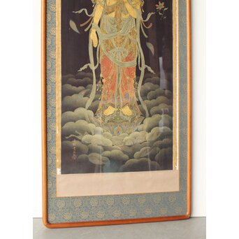 平林清輝 聖観世音立像 絹本紺地金泥 額装　Z386 