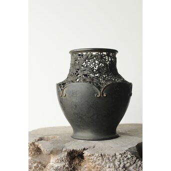 原田峯雲 菊唐草透かし銅花瓶　M349 