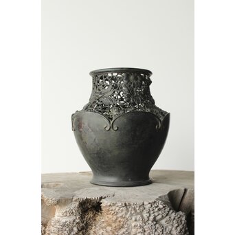 原田峯雲 菊唐草透かし銅花瓶　M349 