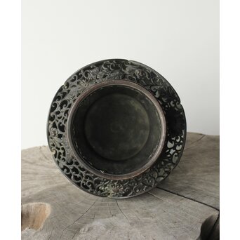 原田峯雲 菊唐草透かし銅花瓶　M349 