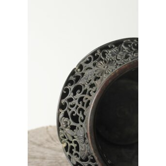 原田峯雲 菊唐草透かし銅花瓶　M349 