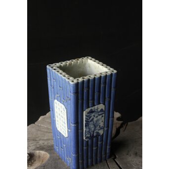 染付窓貫漢詩 竹節型花生/花瓶/四方瓶　P385 