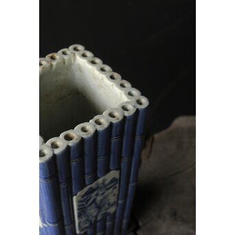 染付窓貫漢詩 竹節型花生/花瓶/四方瓶　P385 