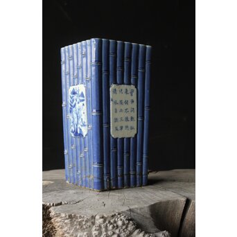 染付窓貫漢詩 竹節型花生/花瓶/四方瓶　P385 