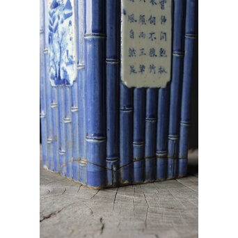染付窓貫漢詩 竹節型花生/花瓶/四方瓶　P385 