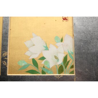 野島青茲 色紙花図一対 額装　Z388 