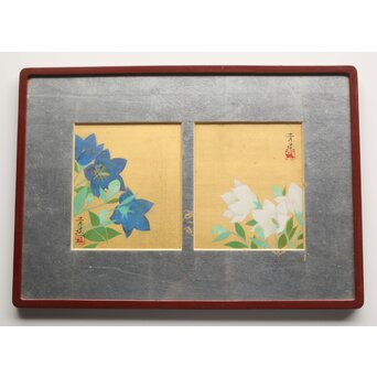 野島青茲 色紙花図一対 額装　Z388
