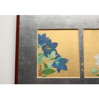 野島青茲 色紙花図一対 額装　Z388 