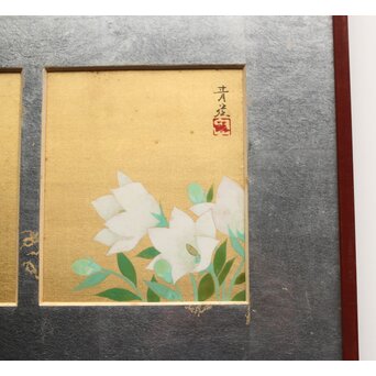 野島青茲 色紙花図一対 額装　Z388 