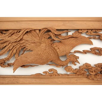 雲海鳳凰図 木彫欄間 2枚1組　R0288 雲海の中の鳳凰