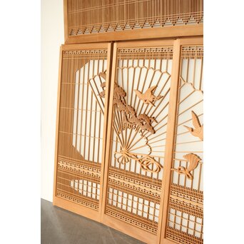 扇に鶴 ガラス入白木書院欄間 5枚1組　R0289 上下整ったデザイン