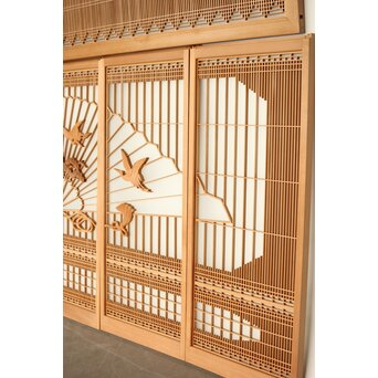 扇に鶴 ガラス入白木書院欄間 5枚1組　R0289 