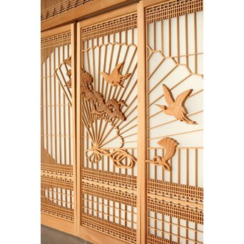 扇に鶴 ガラス入白木書院欄間 5枚1組　R0289 