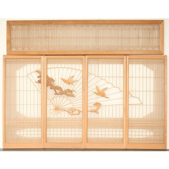 扇に鶴 ガラス入白木書院欄間 5枚1組　R0289