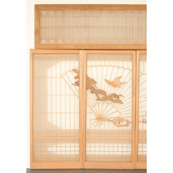 扇に鶴 ガラス入白木書院欄間 5枚1組　R0289 細かい格子の組み込み　陰影がはっきりして美しいデザイン