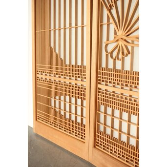 扇に鶴 ガラス入白木書院欄間 5枚1組　R0289 