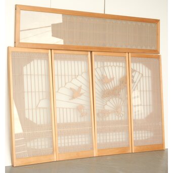 扇に鶴 ガラス入白木書院欄間 5枚1組　R0289 背面　くもりガラスです