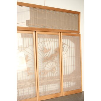 扇に鶴 ガラス入白木書院欄間 5枚1組　R0289 