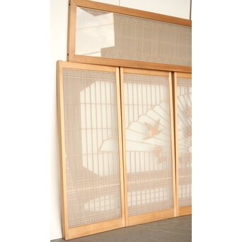 扇に鶴 ガラス入白木書院欄間 5枚1組　R0289 