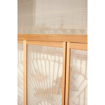 扇に鶴 ガラス入白木書院欄間 5枚1組　R0289 