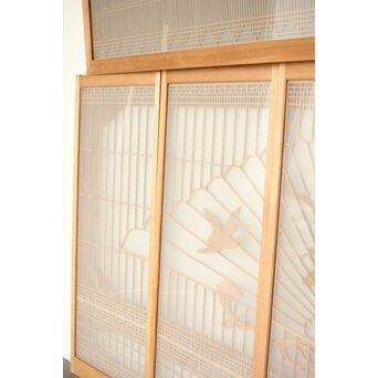 扇に鶴 ガラス入白木書院欄間 5枚1組　R0289 