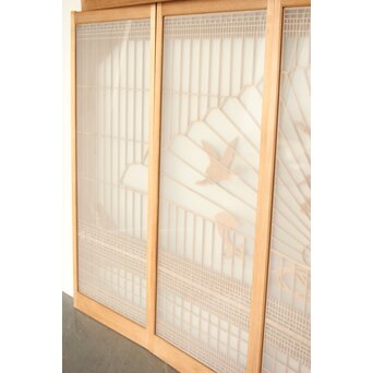 扇に鶴 ガラス入白木書院欄間 5枚1組　R0289 