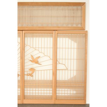 扇に鶴 ガラス入白木書院欄間 5枚1組　R0289 