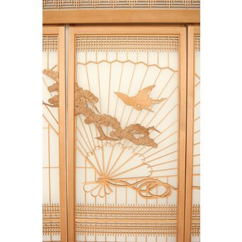 扇に鶴 ガラス入白木書院欄間 5枚1組　R0289 曲木も使用した　手の込んだ意匠